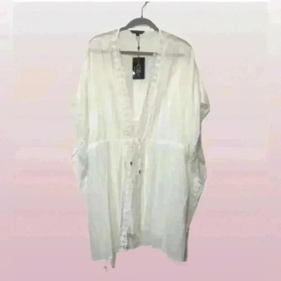 Club Z Collection Women 2X White Cotton Swim Crochet Lace Drawstring Cover Up - Picture 1 of 12